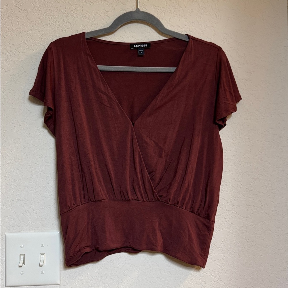 Express Women's Deep Brown V-Neck Top Size M